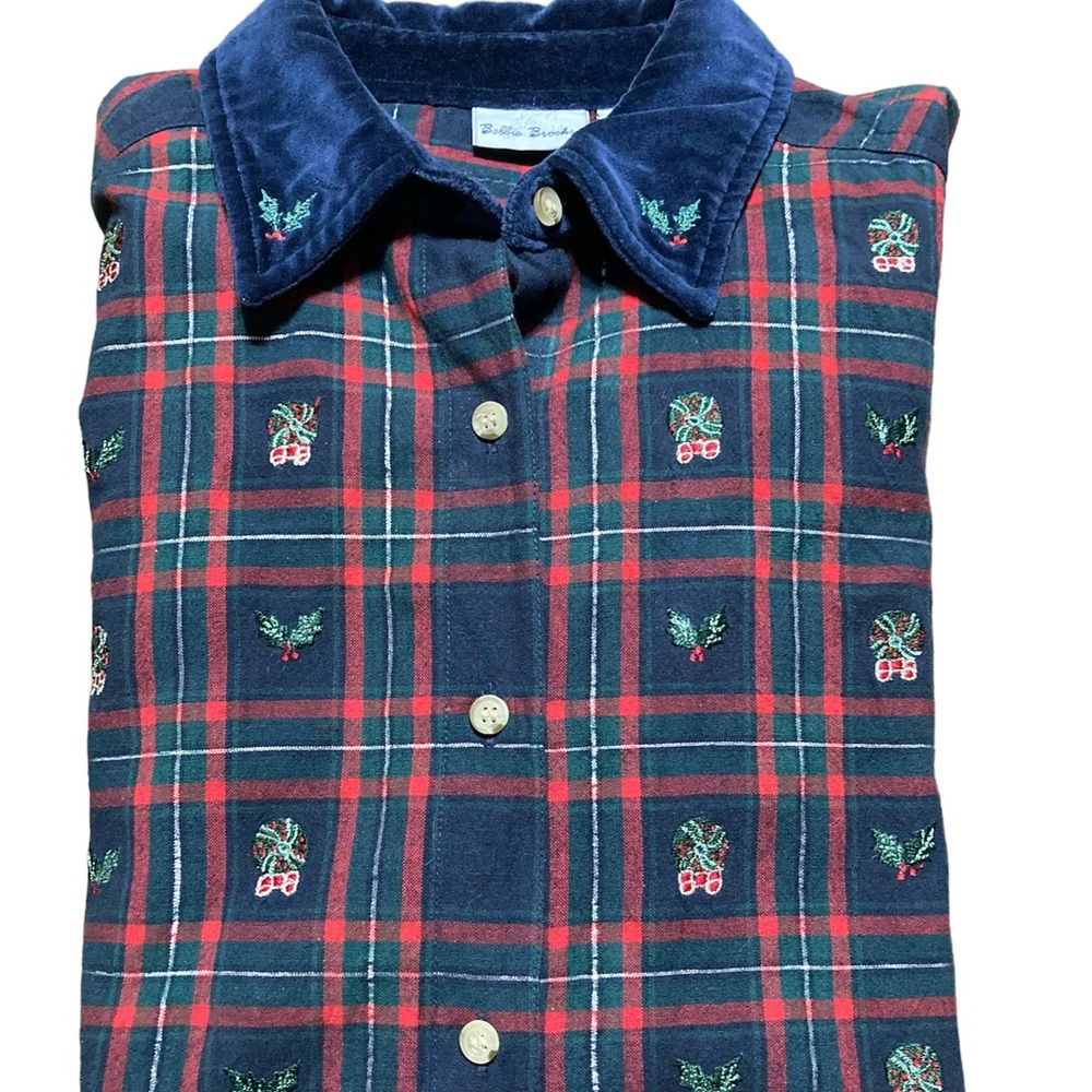 Bobbie Brooks Woman Lg‎ 12-14 Vintage Embroidered Christmas Shirt Velvet Collar - Picture 3 of 6
